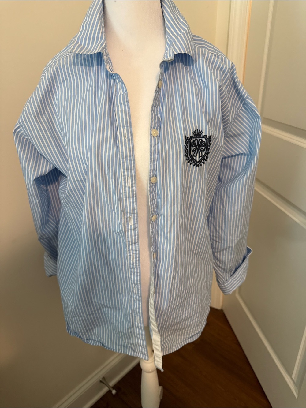 LOFT Light Blue and White Striped Button-Up Blouse